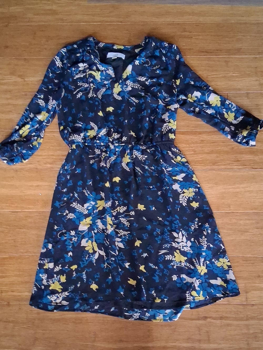 LOFT Navy Floral Long-Sleeve A-Line Dress with Yellow Accents